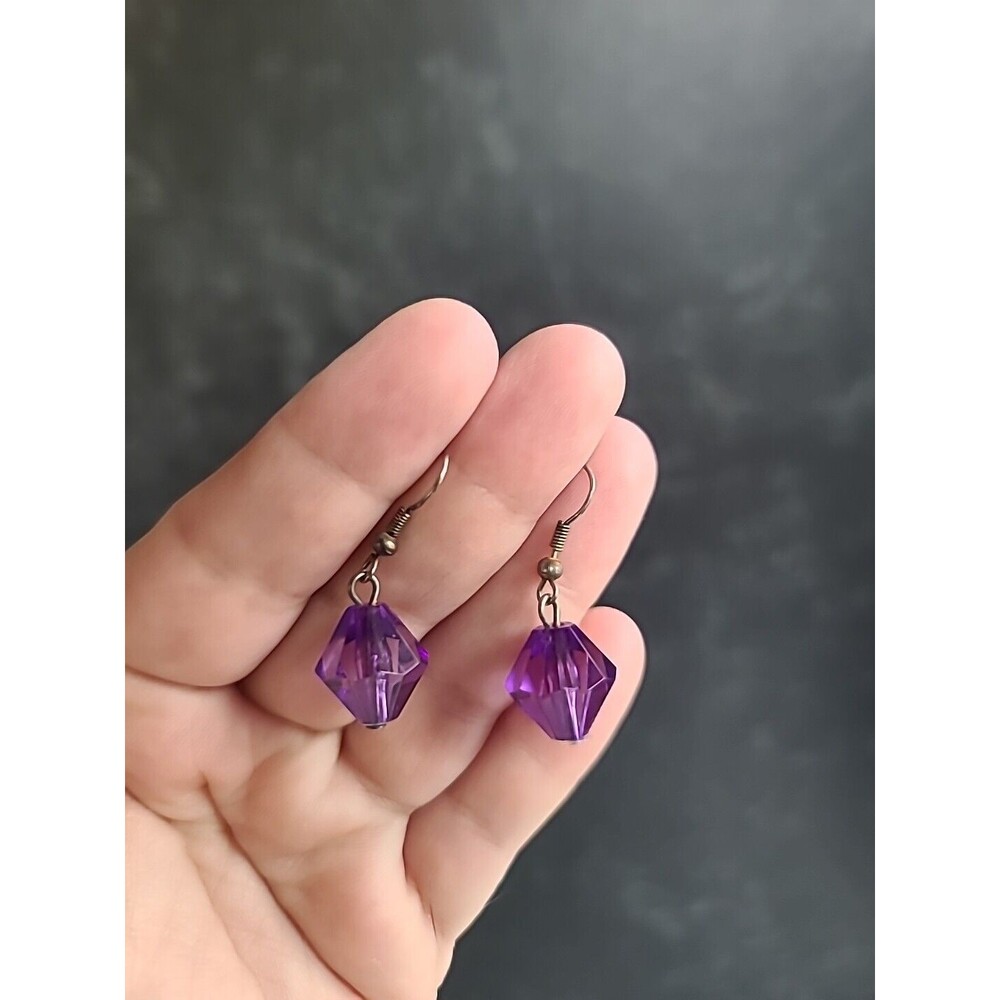 Silver Tone Metal Purple Beaded Dangling Pierced Earrings Vintage